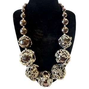 Vintage Style Brown Pearl Chunky Statement Necklace Filagree Ornate Oversize 21"